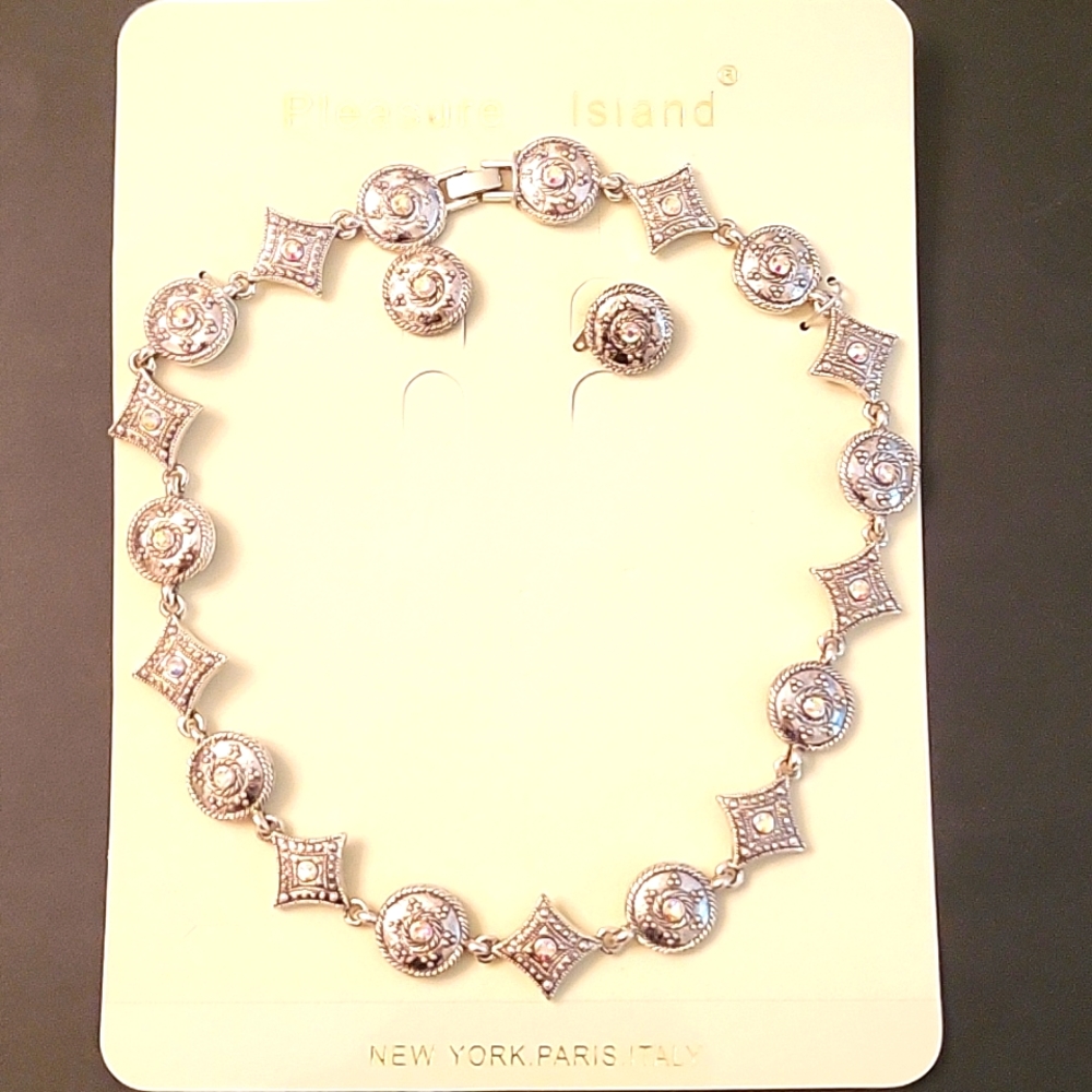 NEW Silver-tone Statement Choker & Earrings, Aurora Borealis Crystals